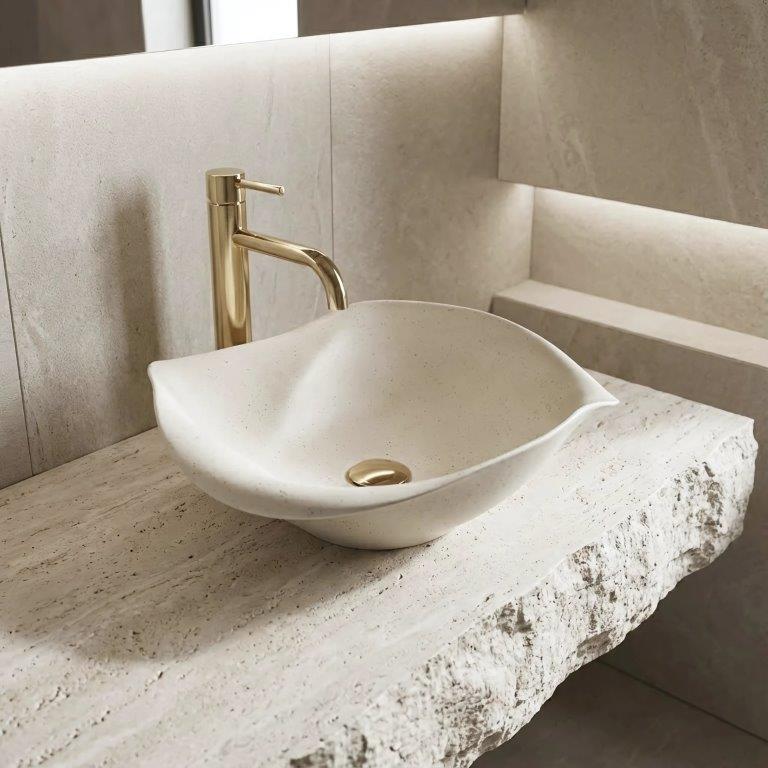 Νιπτήρας Επικαθήμενος Rea HM-35B Handmade Art 51x39x14 cm Ματ Μπεζ (Stone Effect)